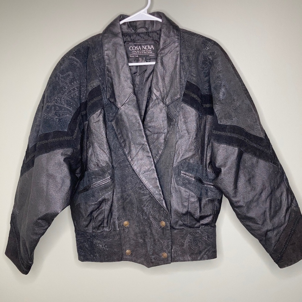 Vintage black leather jacket with suede embellishments